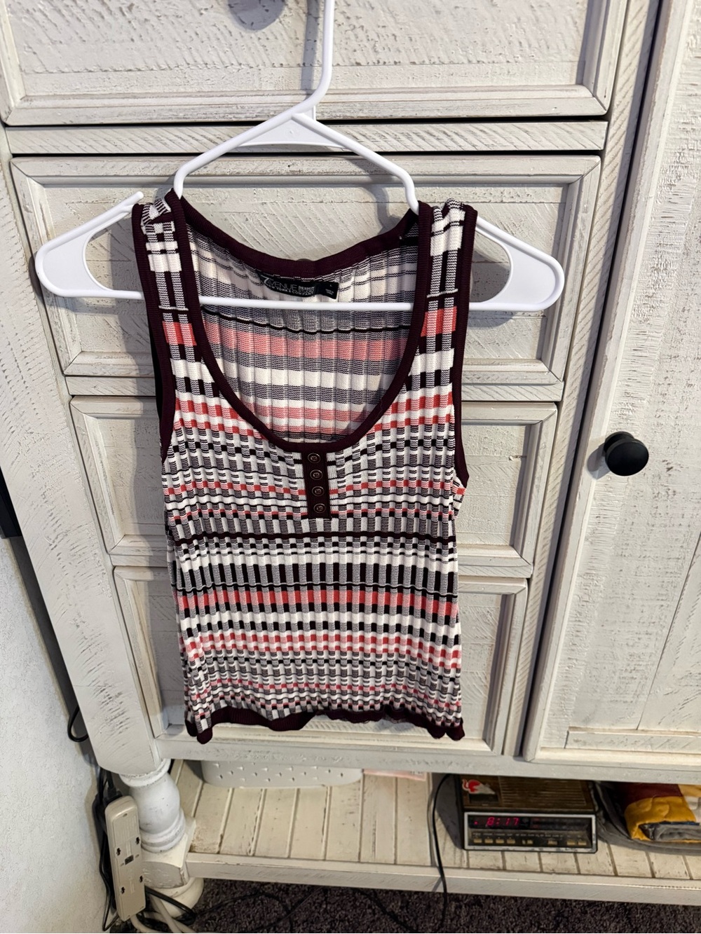 New York & Company Striped Ribbed Tank in Burgundy, White & Pink